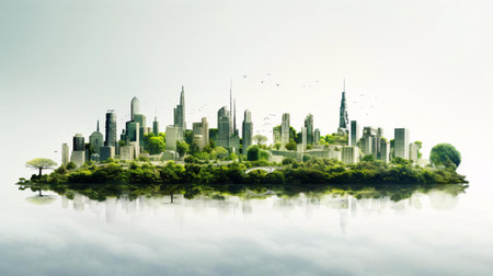 a city skyline with a body of water in front of itの素材