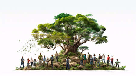 a group of people standing around a treeの素材