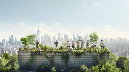 a group of people standing on a wall with a city in the backgroundの素材