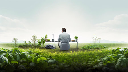 a person sitting at a table in a field of cabbageの素材