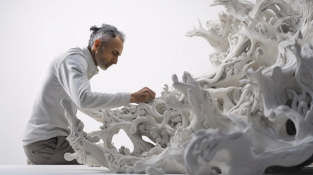 a man touching a sculptureの素材