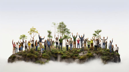 a group of people standing on a hill with their arms raisedの素材