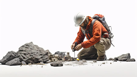 a man in a helmet kneeling in the snowの素材