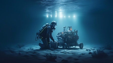 a man in a space suit standing next to a vehicle in the snowの素材