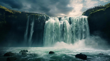 a waterfall with rocks and a cloudy skyの素材