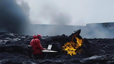 a person sitting at a table with a laptop in front of a large explosionの素材