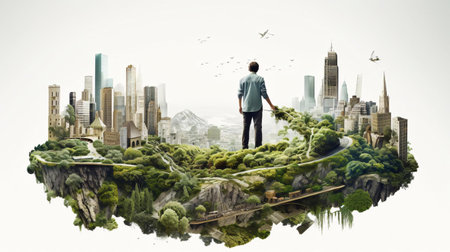 a man standing on a bridge over a river with a city in the backgroundの素材