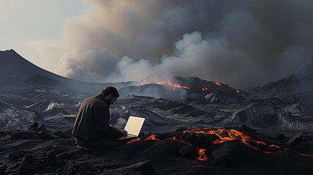 a man sitting on a rocky mountain with a laptopの素材
