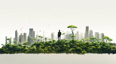 a person standing on a hill with trees and buildings in the backgroundの素材