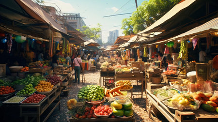 a market with fruits and vegetablesの素材