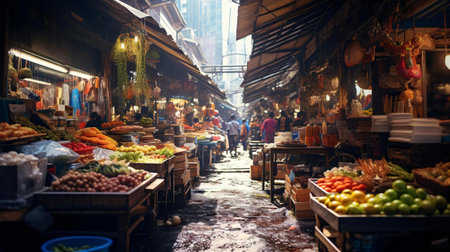 a street full of people and fruitsの素材