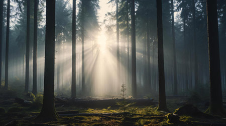 a foggy forest with the sun shining through the treesの素材