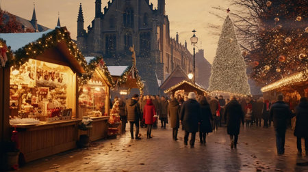 a group of people walking around a street with christmas lightsの素材