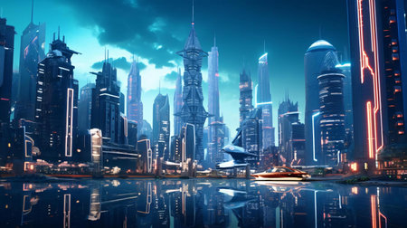 a city skyline at nightの素材