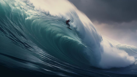 a surfer riding a large waveの素材