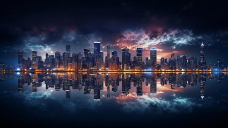 a city skyline at nightの素材