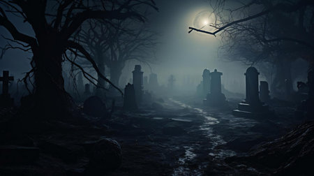 a foggy graveyard with treesの素材