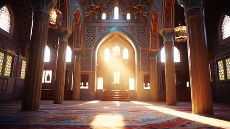 a large room with columns and a large chandelierの素材