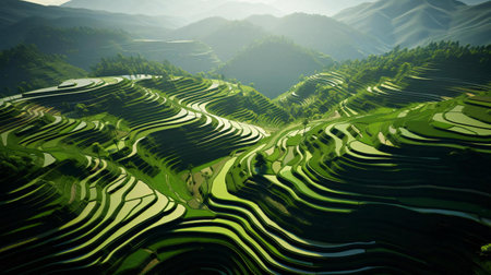 a close-up of a plantation with Longsheng Rice Terrace in the backgroundの素材