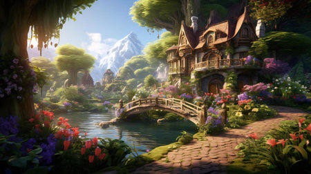 a bridge over a river with a house and trees on the sideの素材