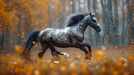 a horse running through a field of flowersの素材