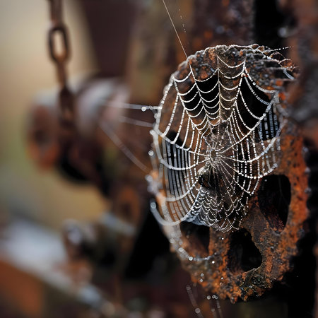 a close up of a spider web on a rusted piece of metalの素材