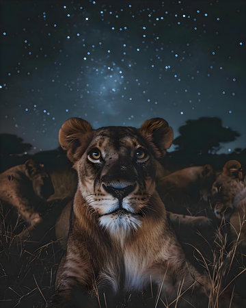 a lion sitting in the grass under a night sky filled with starsの素材