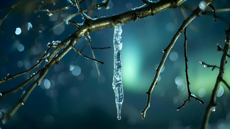 a tree branch with ice hanging from itの素材