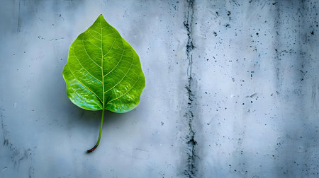 a green leaf on a concrete wallの素材