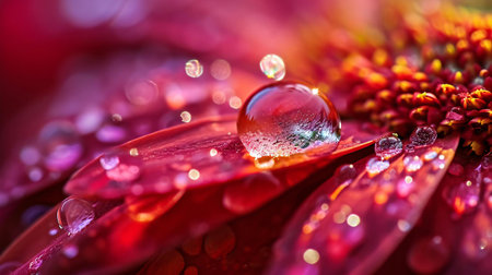 Water drop on red gerbera flower petals macro close upの素材