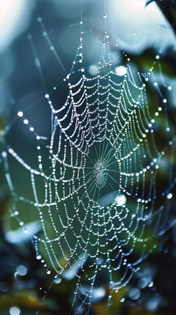 Spider web with dew drops close-up. Nature background.の素材