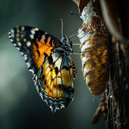butterfly in chrysalis hanging on a branch in natureの素材