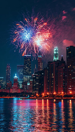New York City Manhattan skyline and New Year Eve fireworks over Hudson River.の素材