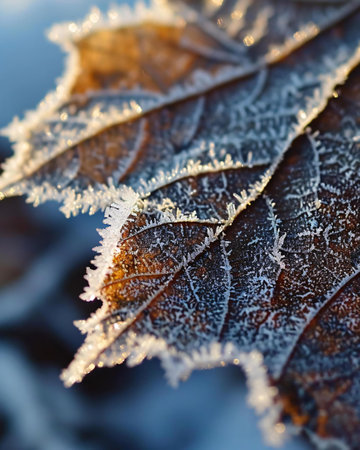 Close up of frosted maple leaf on a sunny winter day.