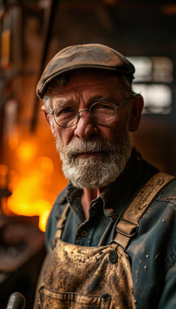 Portrait of an old man working in a smithy.の素材