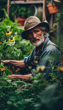 Portrait of senior man working in the garden, gardening concept.の素材