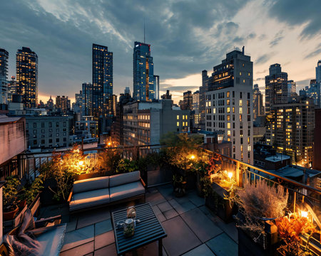New York City Manhattan downtown skyline at sunset from rooftop terrace.の素材