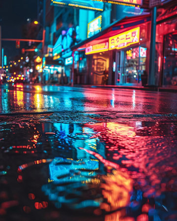 Traffic on a wet street at night in New York City.の素材