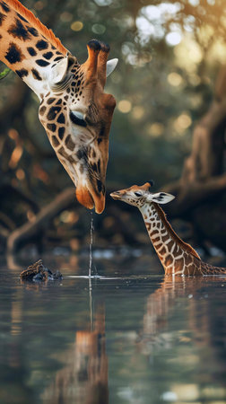 Giraffe drinking water in the jungle. Wildlife scene from nature.の素材