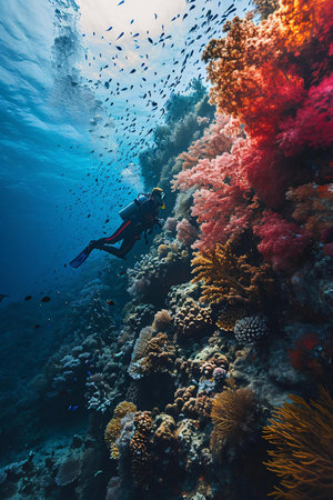 Scuba diver and colorful tropical coral reef in the Red Sea.の素材