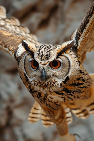 Beautiful owl with orange eyes on the background of a stone wallの素材