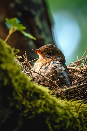 Baby bird in the nest on the nature background. Turdus merula.の素材