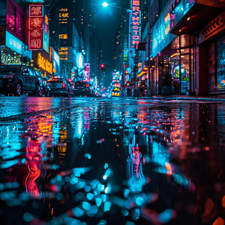 Rainy night in Chinatown, Los Angeles, California, USA.の素材