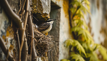 Little bird sitting in a nest on the roof of an old houseの素材