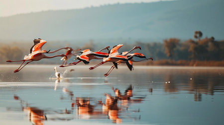 Flamingos on the lake in the morning. Kenya, Africaの素材