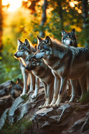 Group of wolf in the forest at sunset. Canis lupusの素材