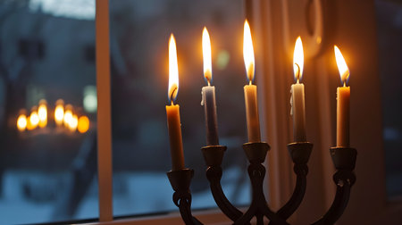 Burning candles in candelabrum on window sill at nightの素材