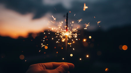 Burning sparkler in hand on blurred background. New Year and Christmas celebration conceptの素材