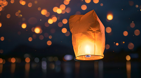 Paper lanterns floating in the night sky with bokeh backgroundの素材