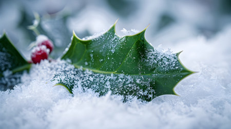 Holly leaves covered with hoarfrost and snow, closeupの素材